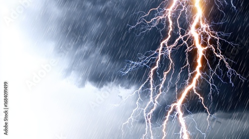 A dramatic scene showcasing a powerful lightning strike amidst dark storm clouds and heavy rain, highlighting the intensity of nature's forces and the beauty of inclement weather.
