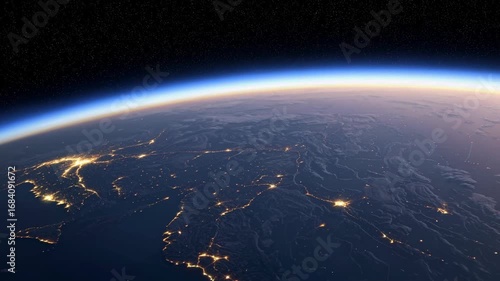 Stunning View of Earth's Horizon During Dawn from Space Showing City Lights and the Curvature of the Planet Below a Starry Sky