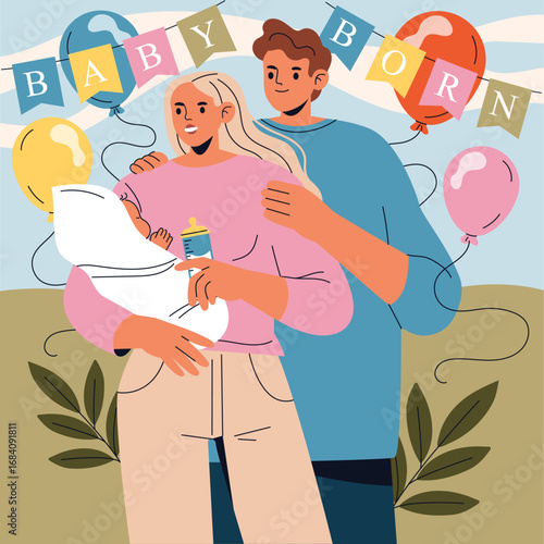 Happy Family Celebrating Newborn Arrival with Balloons