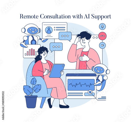 Remote AI Consultation Vector Illustration with Robots