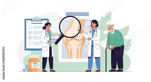 Doctors Discussing Knee X-ray and Treatment Options with Elderly Patient