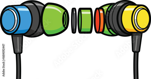 colorful earbuds exploded view detailed illustration of internal components, audio device, music accessory