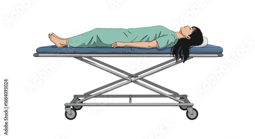 Person on gurney. Woman lying on a medical stretcher in a hospital setting  