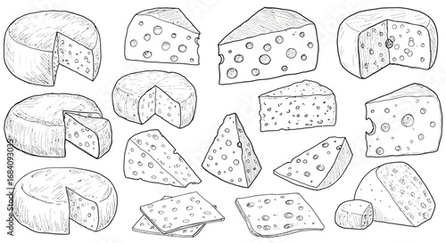 A collection of hand-drawn cheese illustrations