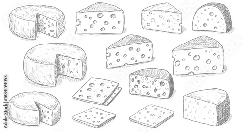 A collection of hand-drawn cheese illustrations