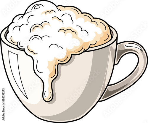 creamy coffee drink in mug overflowing foam, delicious beverage, cafe menu