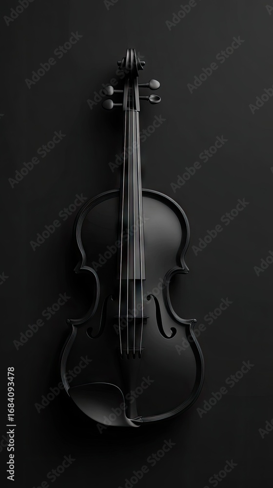 Fototapeta premium A sleek, black violin is showcased against a profound black backdrop, highlighting its intricate design and elegant form.
