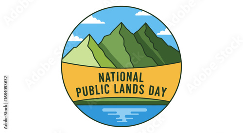 Illustrated emblem for National Public Lands Day featuring a scenic mountain landscape and lake.
