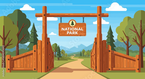A welcoming wooden gate leads into a scenic National Park, with trees and mountains.
