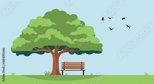 A serene park scene featuring a large, leafy green tree providing shade over a wooden park bench, with a flock of birds soaring in the clear blue sky above a grassy landscape.