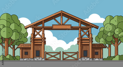 Wooden gatehouse entrance to a rustic, idyllic countryside estate.