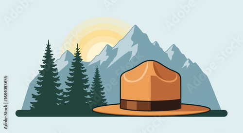 A ranger hat sits in front of a mountain landscape, suggesting a national park or wilderness area.