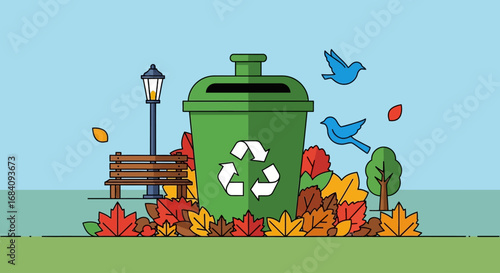 A vibrant illustration featuring a green recycling bin surrounded by colorful autumn leaves, a park bench, a lamppost, and two flying blue birds in a park.