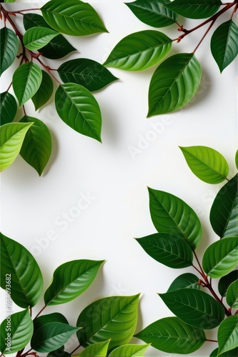 Vibrant green leaves form a lush border against a clean white background, perfect for invitations, cards, or website design, graphic, foliage