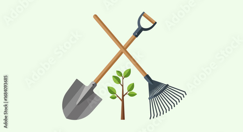 Gardening tools, shovel and rake, with a small sapling,  illustrating the start of a garden.