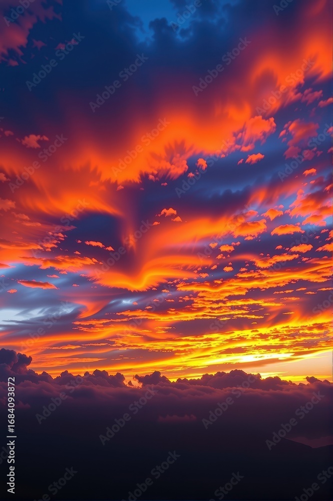 Fototapeta premium Vibrant sky transitioning from deep blue to fiery orange hues at sunset, panoramic, air