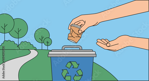 A person's hands placing a crumpled cup into a recycling bin, showing environmental responsibility.