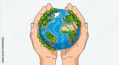 Hands gently cradling a stylized Earth globe, symbolizing environmental protection.