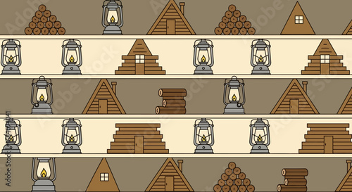 A repeating pattern of rustic log cabins, A-frame houses, firewood piles, and vintage lanterns.