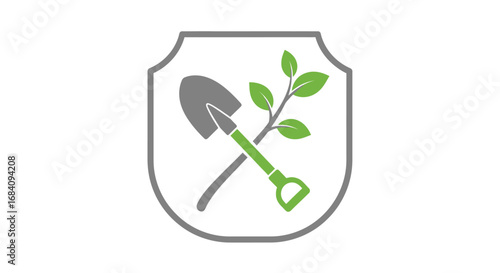 Emblem featuring a shovel and a plant with leaves, symbolizing gardening or environmental care.