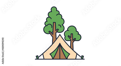 Simple illustration of a beige camping tent nestled between two green trees.