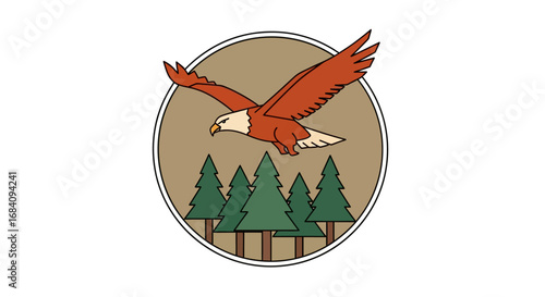 A majestic bald eagle soars over a lush green pine forest within a circular emblem.