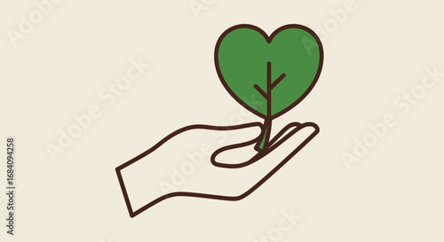 A simple line drawing of a hand holding a small plant with a green heart-shaped leaf, symbolizing environmental care and love for nature.