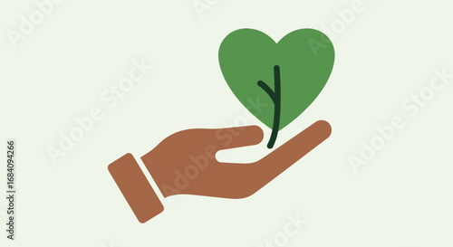 A brown hand gently holds a green, heart-shaped tree, symbolizing love for nature, sustainability, and environmental protection.