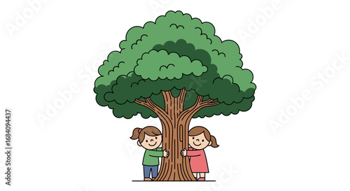Two happy cartoon girls hugging a large green tree, showing love and care for nature.