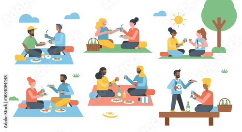 Diverse groups of friends and couples enjoying a picnic together in a sunny park setting.