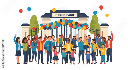 A diverse group of people celebrate the opening of a public park, standing in front of the entrance gate decorated with colorful balloons.