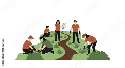 A diverse group of volunteers working together to plant trees and care for the environment on a green hillside.