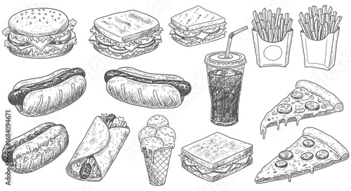 Hand-drawn illustration of various fast food items