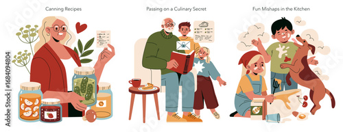Family Sharing Recipes and Kitchen Adventures Illustration