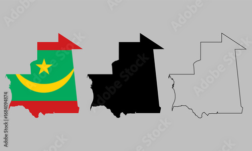 A collection of maps of Mauritania, including black silhouette maps, detailed outline maps, and flag themed versions.