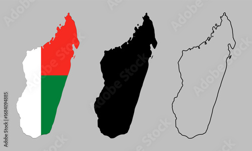 A collection of maps of madagascar, including black silhouette maps, detailed outline maps, and flag themed versions.