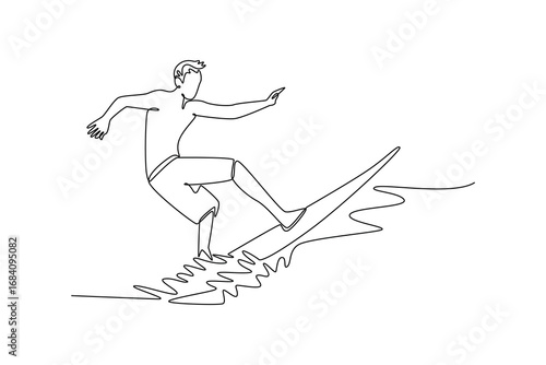 Continuous one line drawing male surfer athlete in action on the waves. Symbolizing athletic power, control, rewarding feeling of mastering ocean. Single line draw design vector graphic illustration