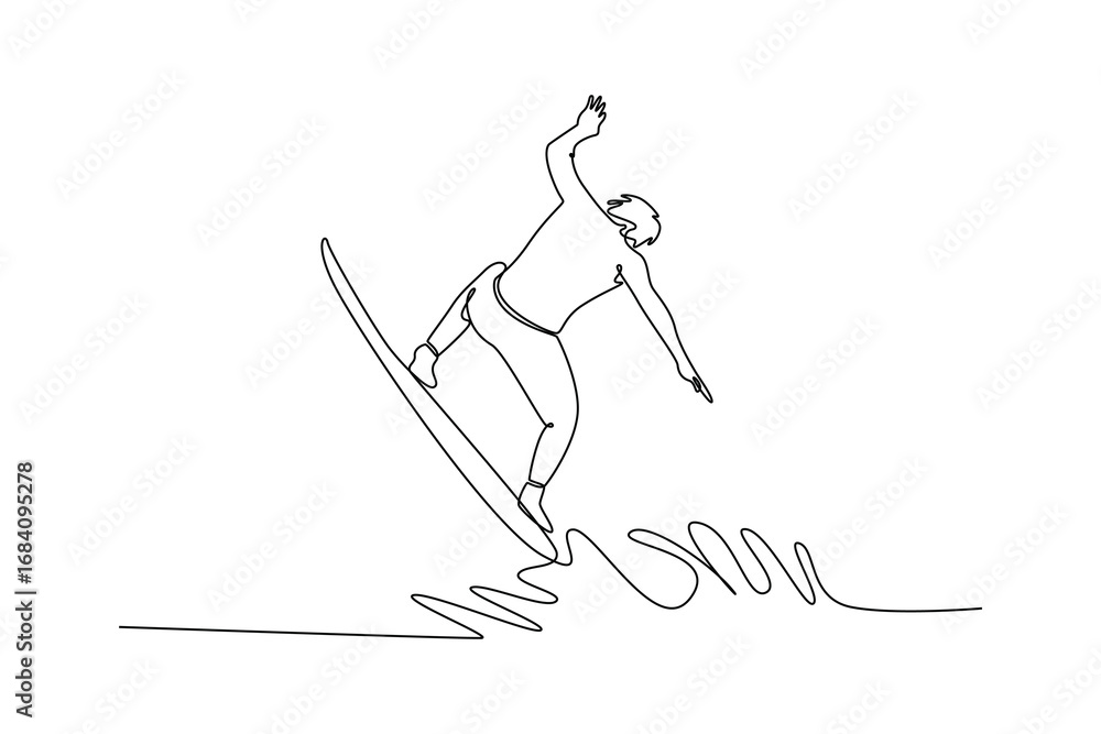 Fototapeta premium Continuous one line drawing back view of male surfer athlete in action on the waves. Representing balance, concentration, and thrilling lifestyle. Single line draw design vector graphic illustration