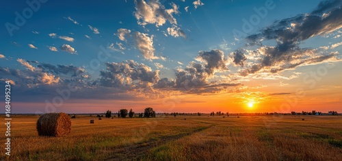 Golden sunset over a harvested field with hay bales