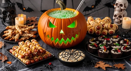 Halloween party food spread with carved pumpkin image