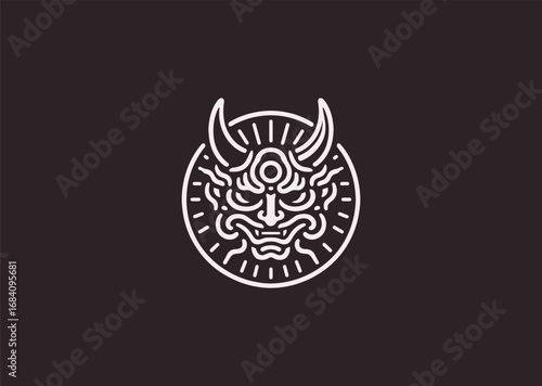 A simple minimalist Oni demon line style logo, symbolizing fear, power, and the mythical Japanese folklore spirit
