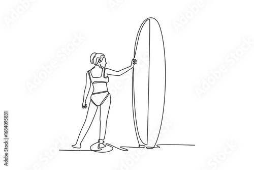 Single continuous line drawing back view woman surfer stands on beach with surfboard, looking at waves. Anticipation, freedom, peaceful thrill of sea. One line draw graphic design vector illustration
