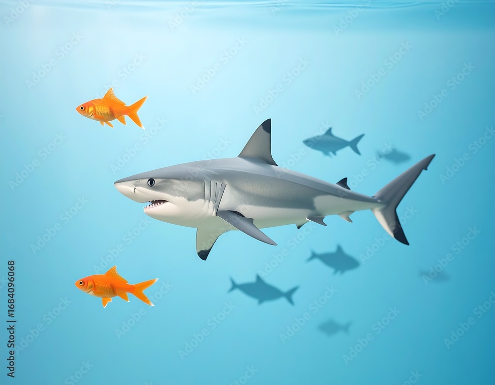 Fototapeta premium A lone shark swims amidst smaller fish, two goldfish stand out prominently.