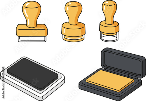 Outline icons of yellow rubber stamps and ink pad on white background  