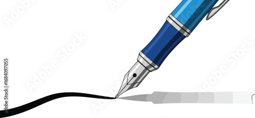 elegant blue fountain pen writes smooth line, classic stationery illustration