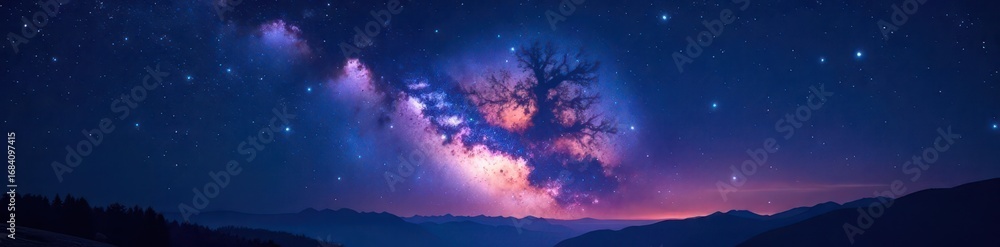 Naklejka premium Celestial Night Sky with Glowing Stars and Milky Way , stars, space, cosmos