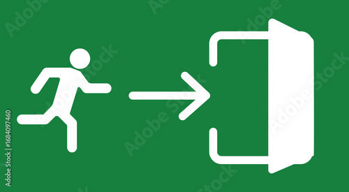 Emergency Exit Sign with Running Person, Isolated on Green Background