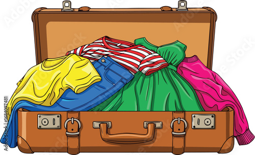 vintage suitcase overflowing with colorful clothes a summer vacation packing illustration