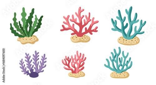 Colorful coral reefs: flat design sea plants and ocean life elements