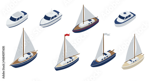 Isometric yacht and sailboat collection on white background